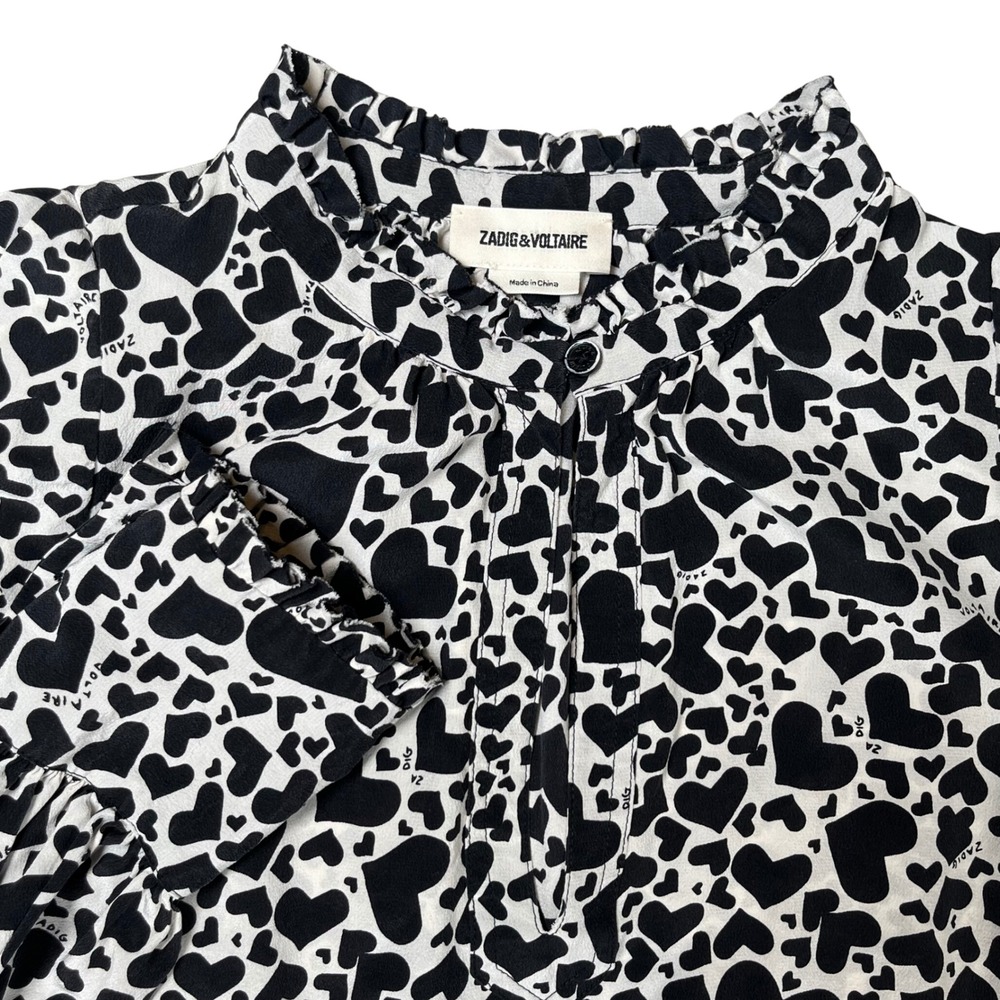 Zadig & Voltaire Titus Blouse Womens Size XS Black White Heart Print Ruffle Neck